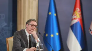 Beograd, Srbija - 23. januar 2023: Održana je danas sjednica Vlade Srbije na kojoj je prisustvovao i predsjednik Srbije Aleksandar Vučić. Nakon sjednice Vučić je održao konferenciju za novinare. Predsjednik Srbije Aleksandar Vučić izjavio je večeras u Beogradu da je plan Evropske unije (EU) za Kosovo, koji su mu predočili zapadni predstavnici, faktički postao novi pregovarački okvir za Srbiju u procesu evrointegracija. (Milos Miskov - Anadolu Agency)/�