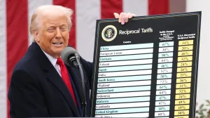 President Donald Trump displays a chart with reciprocal tariffs during a 'Liberation Day' event in the Rose Garden at the White House on April 2, 2025 in Washington, D.C. Today?s tariffs are just the most recent moves that President Trump has taken in this new trade war since returning to the White House less that three months ago. (Photo by Samuel Corum/Sipa USA) Photo: Sipa USA/SIPA USA/Sipa Usa/sipa Usa
