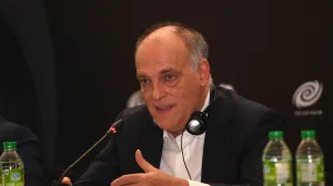 epa10354622 Spanish LaLiga president Javier Tebas speaks during the signing of an agreement between Spanish soccer league LaLiga and the Dubai-based esports, gaming and lifestyle organisation Galaxy Racer in Dubai, United Arab Emirates, 08 December 2022. EPA/MARTIN DOKOUPIL