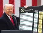 President Donald Trump displays a chart with reciprocal tariffs during a 'Liberation Day' event in the Rose Garden at the White House on April 2, 2025 in Washington, D.C. Today?s tariffs are just the most recent moves that President Trump has taken in this new trade war since returning to the White House less that three months ago. (Photo by Samuel Corum/Sipa USA) Photo: Sipa USA/SIPA USA/Sipa Usa/sipa Usa