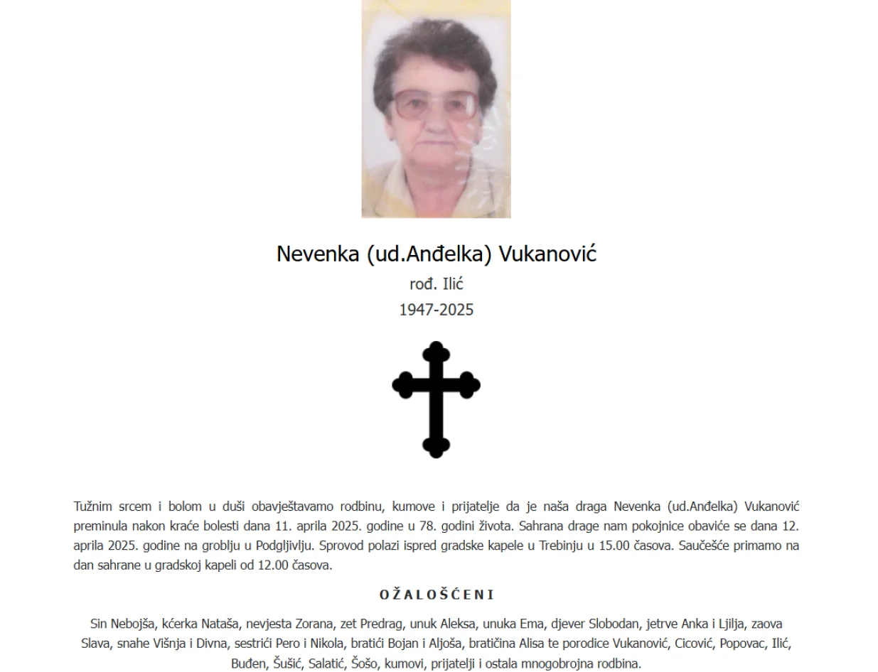 Preminula Nevenka Vukanović, majka Nebojše Vukanovića//