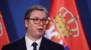 FILE PHOTO: Serbian President Aleksandar Vucic gives a statement next to Hungarian Prime Minister Viktor Orban (not pictured) after the countries' bilateral committee for strategic cooperation meeting in Budapest, Hungary, November 14, 2024. REUTERS/Bernadett Szabo/File Photo/Bernadett Szabo