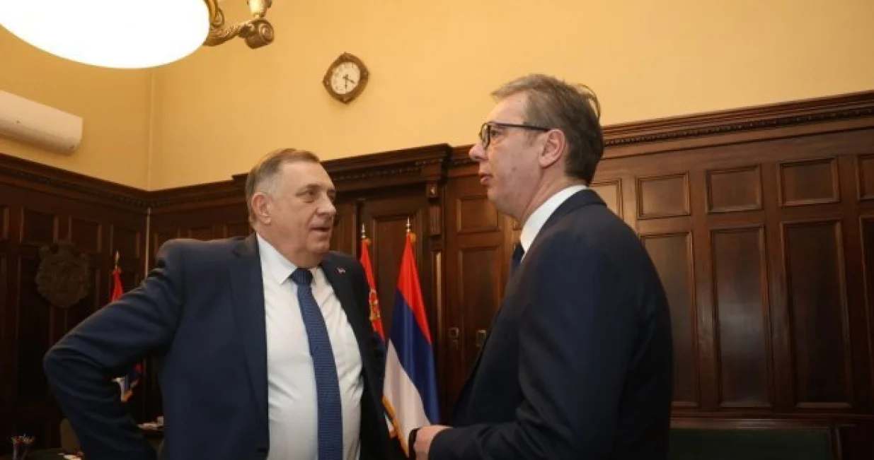 Milorad Dodik i Aleksandar Vučić uoči skupa u Beogradu/Borislav Zdrinja