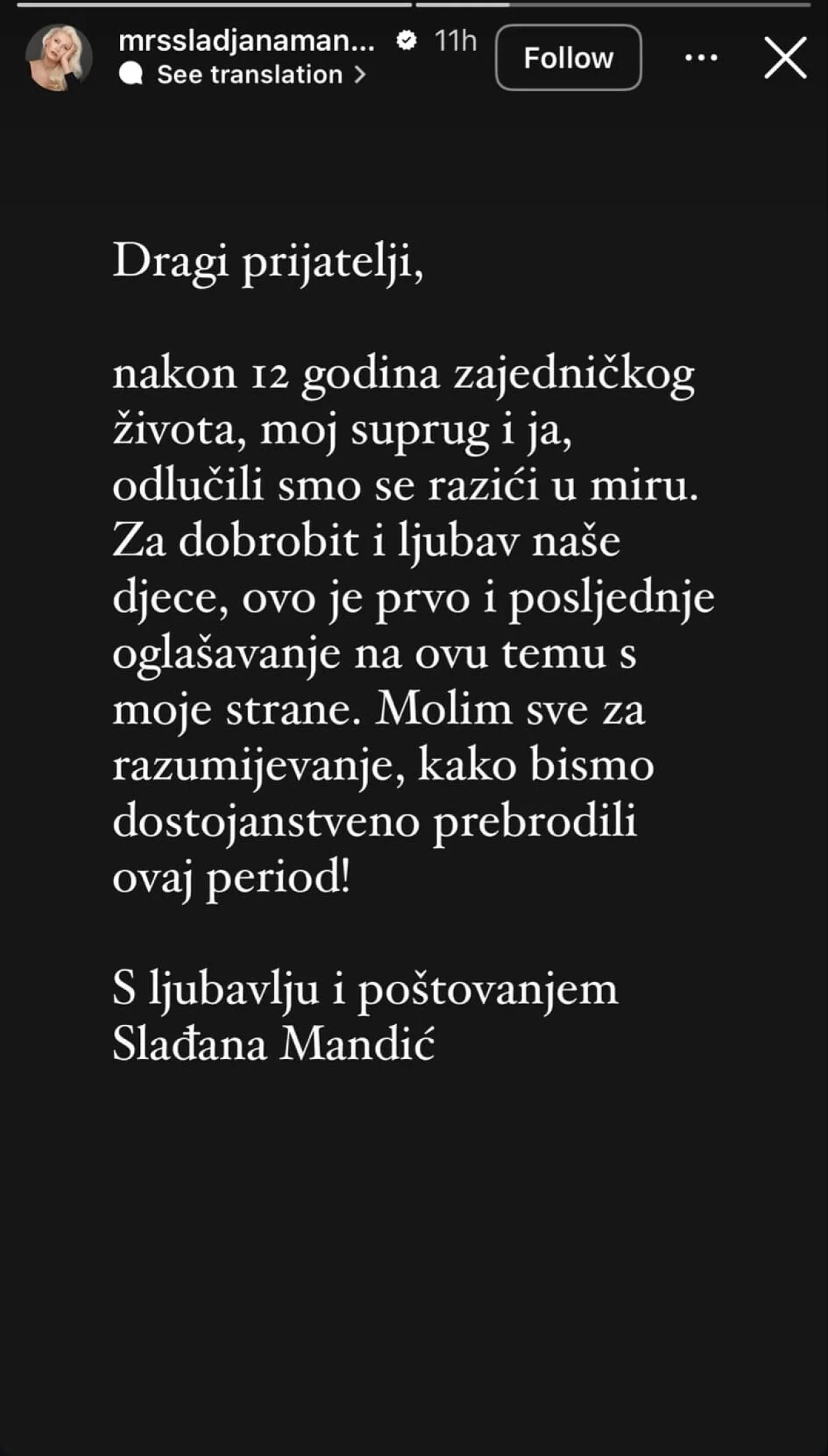 Slađana Mandić na Instagramu podijelila vijest o razvodu//