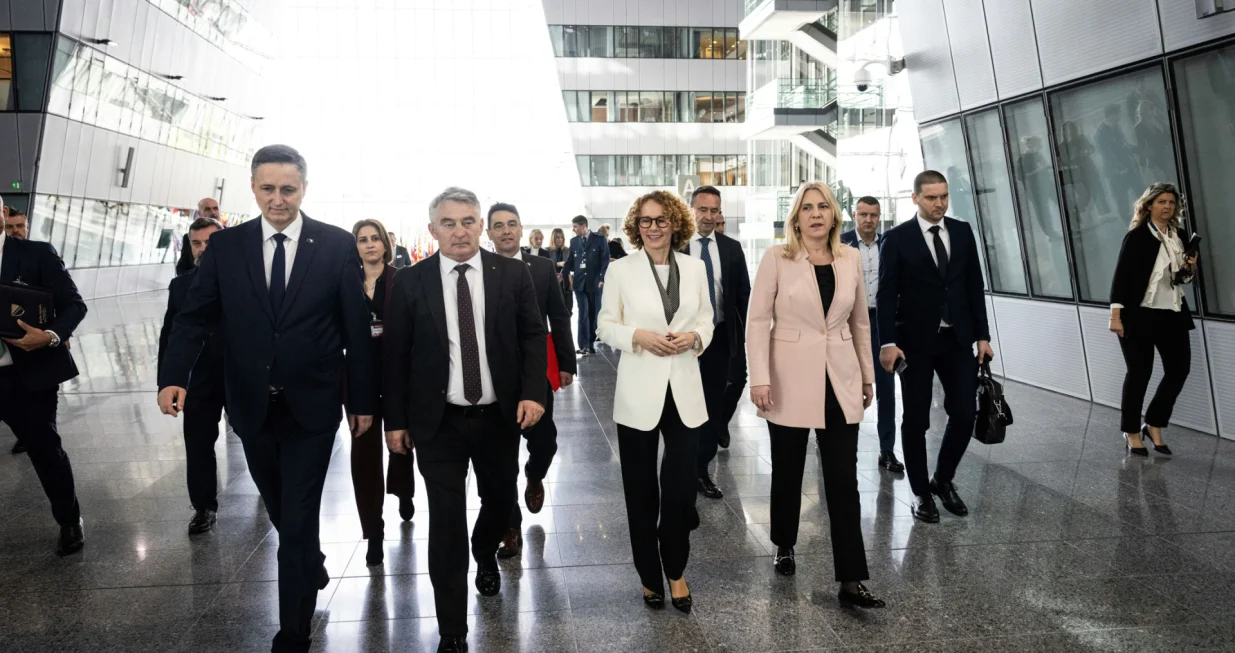 NATO Deputy Secretary General, Radmila Shekerinska hosts the Chair and members of the Tripartite Presidency of Bosnia and Herzegovina, Željka Cvijanović, Željko Komšić, and Denis Bećirović, at NATO Headquarters/Nato