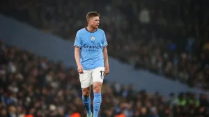 epa10376717 Kevin De Bruyne of Manchester City reacts during the Carabao Cup Round of 16 soccer match between Manchester City and Liverpool FC in Manchester, Britain, 22 December 2022. EPA/Adam Vaughan EDITORIAL USE ONLY. No use with unauthorized audio, video, data, fixture lists, club/league logos or 'live' services. Online in-match use limited to 120 images, no video emulation. No use in betting, games or single club/league/player publications