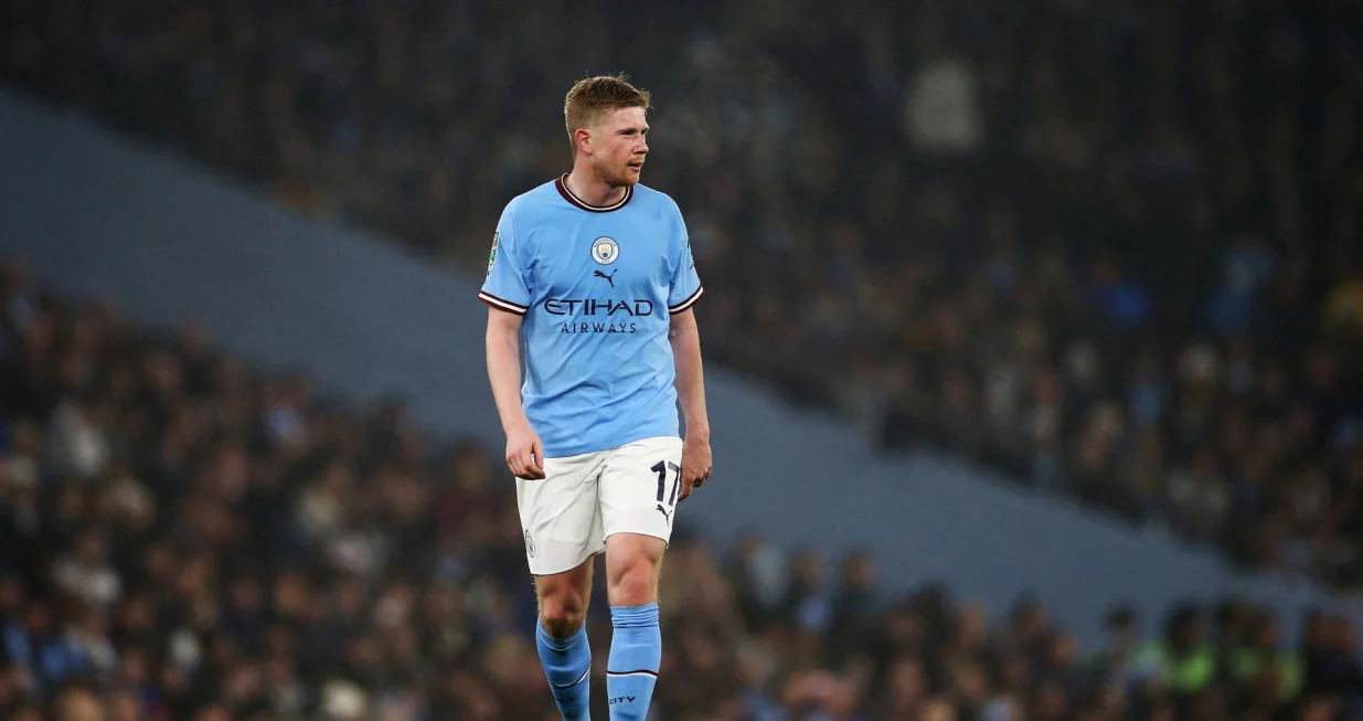 epa10376717 Kevin De Bruyne of Manchester City reacts during the Carabao Cup Round of 16 soccer match between Manchester City and Liverpool FC in Manchester, Britain, 22 December 2022. EPA/Adam Vaughan EDITORIAL USE ONLY. No use with unauthorized audio, video, data, fixture lists, club/league logos or 'live' services. Online in-match use limited to 120 images, no video emulation. No use in betting, games or single club/league/player publications