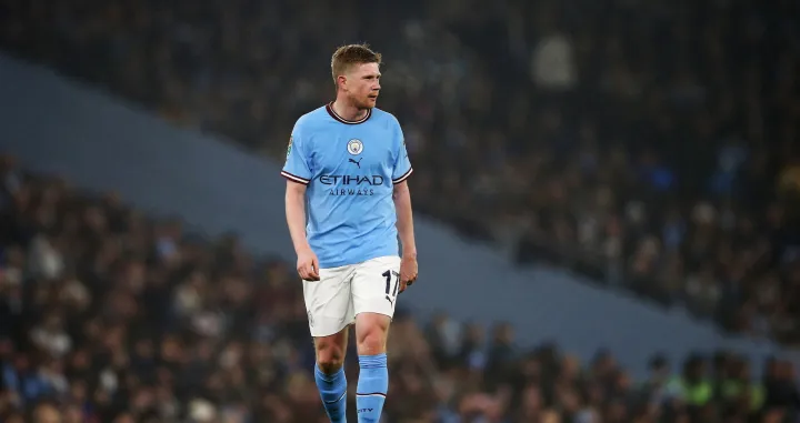 epa10376717 Kevin De Bruyne of Manchester City reacts during the Carabao Cup Round of 16 soccer match between Manchester City and Liverpool FC in Manchester, Britain, 22 December 2022. EPA/Adam Vaughan EDITORIAL USE ONLY. No use with unauthorized audio, video, data, fixture lists, club/league logos or 'live' services. Online in-match use limited to 120 images, no video emulation. No use in betting, games or single club/league/player publications