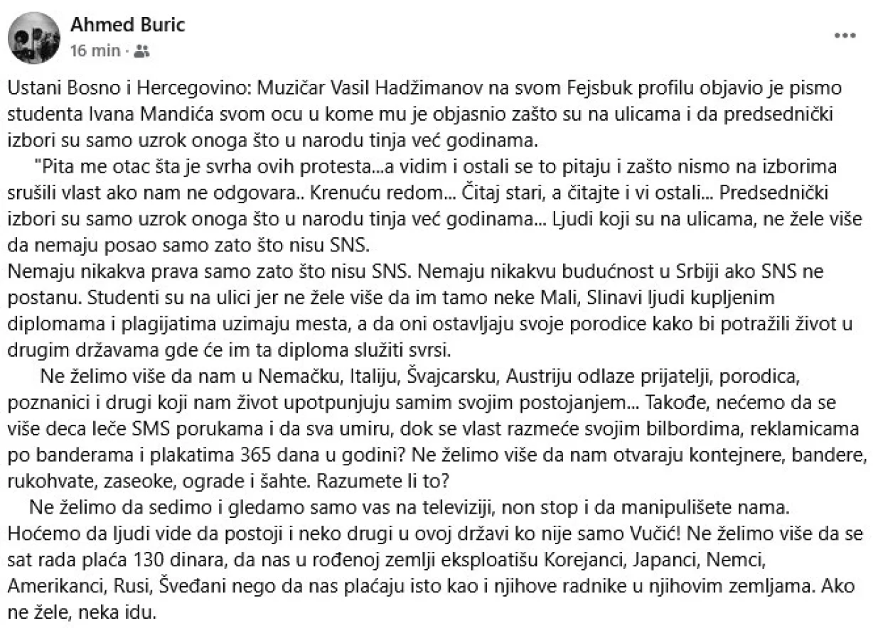 Pismo je na svom Facebook profilu prenio bh. književnik Ahmed Burić/Printscreen/