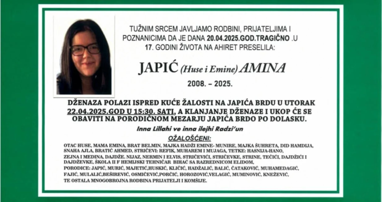 Amina Japić, smrtovnica/Facebook