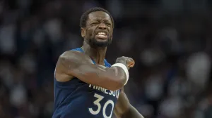 Apr 25, 2025; Minneapolis, Minnesota, USA; Minnesota Timberwolves forward Julius Randle (30) reacts after a foul is called against the Los Angeles Lakers in the first half during game three of first round for the 2024 NBA Playoffs at Target Center. Mandatory Credit: Jesse Johnson-Imagn Images
