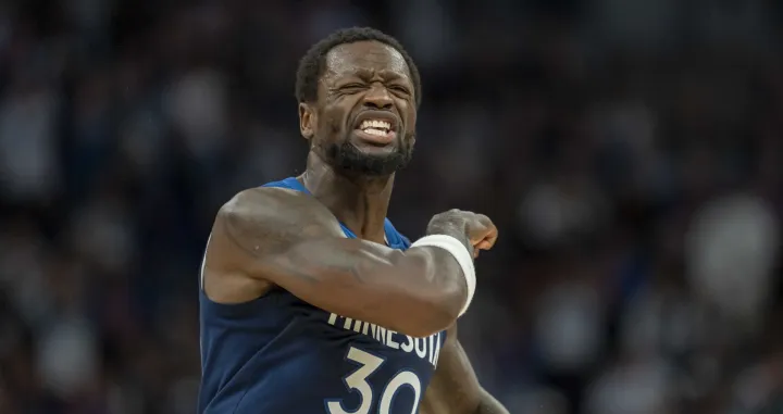 Apr 25, 2025; Minneapolis, Minnesota, USA; Minnesota Timberwolves forward Julius Randle (30) reacts after a foul is called against the Los Angeles Lakers in the first half during game three of first round for the 2024 NBA Playoffs at Target Center. Mandatory Credit: Jesse Johnson-Imagn Images