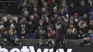 epa10384186 Bukayo Saka of Arsenal celebrates scoring the opening goal during the English Premier League soccer match between Brighton & Hove Albion FC and Arsenal London in Brighton, Britain, 31 December 2022. EPA/Vince Mignott EDITORIAL USE ONLY. No use with unauthorized audio, video, data, fixture lists, club/league logos or 'live' services. Online in-match use limited to 120 images, no video emulation. No use in betting, games or single club/league/player publications