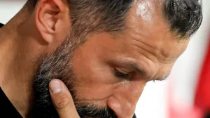 epa10150309 Bayern's director of sports Hasan Salihamidzic reacts prior to the German DFB Cup first round soccer match between Viktoria Koeln and Bayern Muenchen in Cologne, Germany, 31 August 2022. EPA/SASCHA STEINBACH CONDITIONS - ATTENTION: The DFB regulations prohibit any use of photographs as image sequences and/or quasi-video.