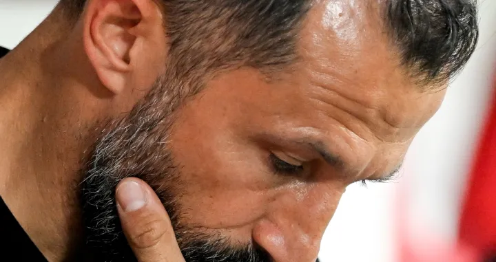 epa10150309 Bayern's director of sports Hasan Salihamidzic reacts prior to the German DFB Cup first round soccer match between Viktoria Koeln and Bayern Muenchen in Cologne, Germany, 31 August 2022. EPA/SASCHA STEINBACH CONDITIONS - ATTENTION: The DFB regulations prohibit any use of photographs as image sequences and/or quasi-video.