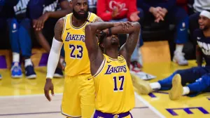 Apr 30, 2025; Los Angeles, California, USA; Los Angeles Lakers forward Dorian Finney-Smith (17) reacts after being called for a foul during the second half in game five of first round for the 2025 NBA Playoffs at Crypto.com Arena. Mandatory Credit: Gary A. Vasquez-Imagn Images