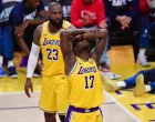 Apr 30, 2025; Los Angeles, California, USA; Los Angeles Lakers forward Dorian Finney-Smith (17) reacts after being called for a foul during the second half in game five of first round for the 2025 NBA Playoffs at Crypto.com Arena. Mandatory Credit: Gary A. Vasquez-Imagn Images
