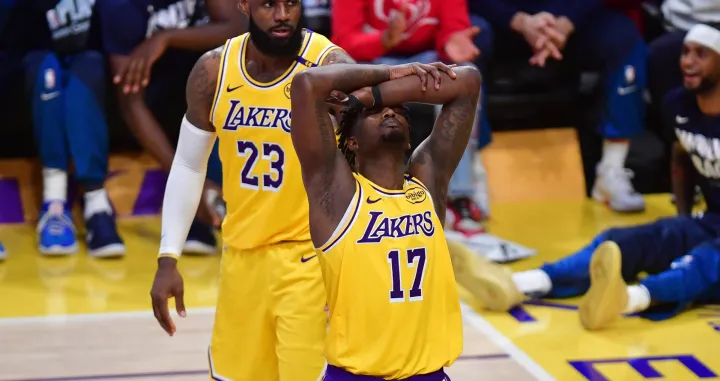 Apr 30, 2025; Los Angeles, California, USA; Los Angeles Lakers forward Dorian Finney-Smith (17) reacts after being called for a foul during the second half in game five of first round for the 2025 NBA Playoffs at Crypto.com Arena. Mandatory Credit: Gary A. Vasquez-Imagn Images