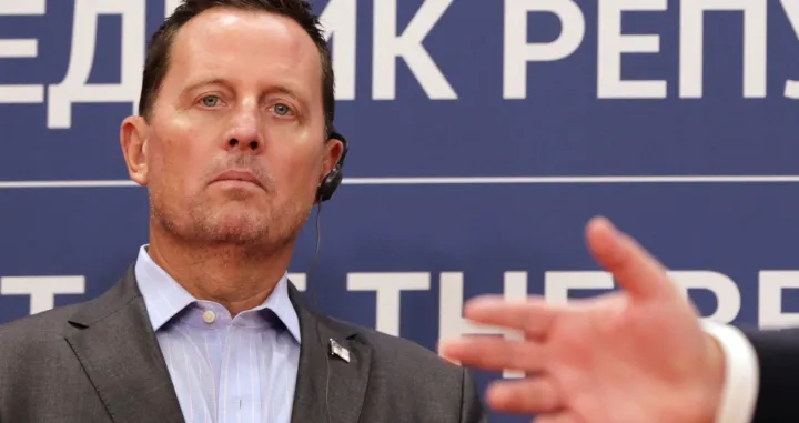 epa08688380 Advisor to the USA President on Kosovo-Serbia, Richard Grenell looks on during a joint press conference with Serbian President Aleksandar Vucic (not pictured) following their meeting in Belgrade, Serbia, 22 September 2020. Grenell is visiting Serbia for talks with business leaders and government officials after signing an agreement between Serbia and Kosovo for economic relations at the White House on 04 September. EPA/ANDREJ CUKIC/Andrej Cukic