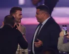 epa10368868 Former English international David Beckham (L) talks with his former Real Madrid teammate, former Brazilian international and 2002 World Cup winner Ronaldo (R) during the Qatar Fashion United by CR Runway fashion show at the 974 Stadium in Doha, Qatar, 16 December 2022. EPA/MARTIN DIVISEK