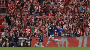 Soccer Football - Europa League - Semi Final - First Leg - Athletic Bilbao v Manchester United - San Mames, Bilbao, Spain - May 1, 2025 Manchester United's Casemiro celebrates scoring their first goal as Athletic Bilbao fans look on REUTERS/Vincent West