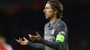 Soccer Football - Champions League - Quarter Final - First Leg - Arsenal v Real Madrid - Emirates Stadium, London, Britain - April 8, 2025 Real Madrid's Luka Modric reacts Action Images via Reuters/Matthew Childs