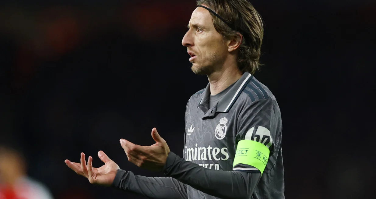 Soccer Football - Champions League - Quarter Final - First Leg - Arsenal v Real Madrid - Emirates Stadium, London, Britain - April 8, 2025 Real Madrid's Luka Modric reacts Action Images via Reuters/Matthew Childs