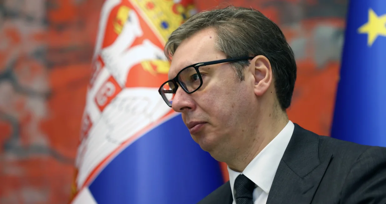 epa10321948 Serbian President Aleksandar Vucic and President of Azerbaijan Ilham Aliyev (not pictured) talk during their meeting in Belgrade, Serbia, 23 November 2022. President Aliyev is on an official visit to Serbia. EPA/ANDREJ CUKIC/Andrej Cukic