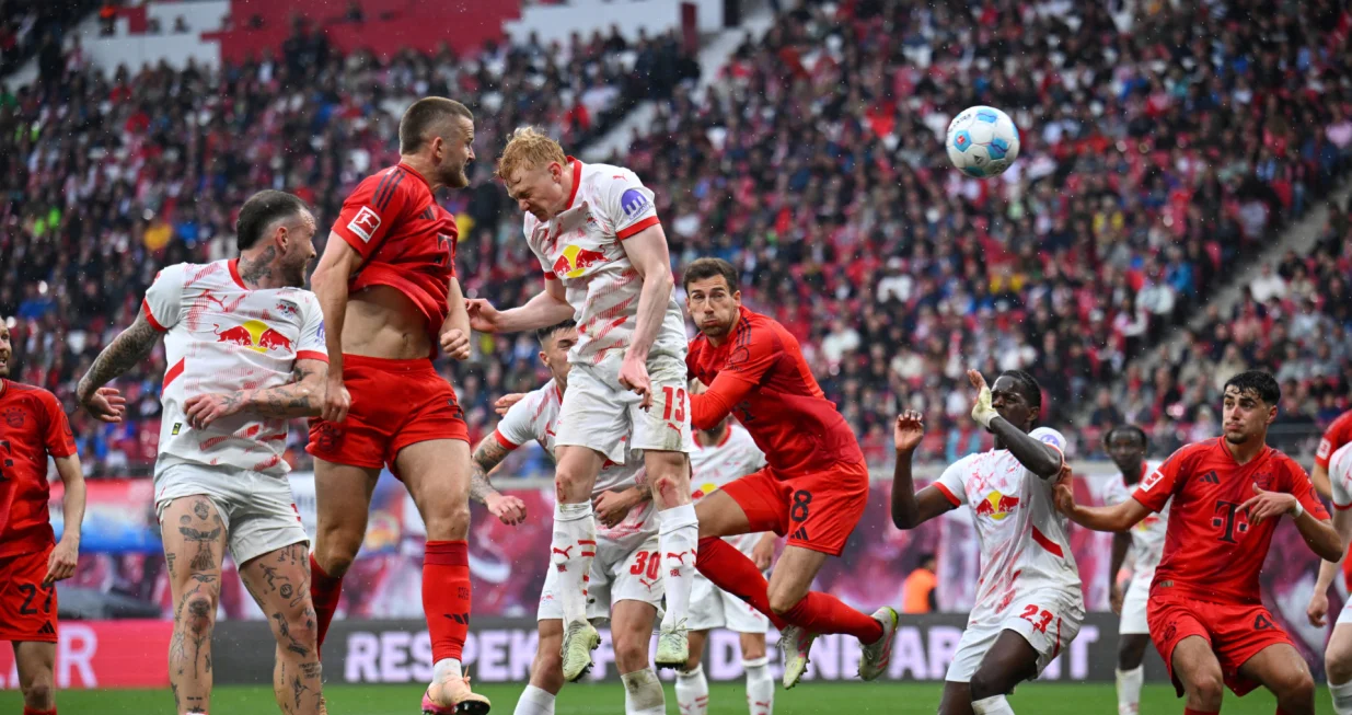 Soccer Football - Bundesliga - RB Leipzig v Bayern Munich - Red Bull Arena, Leipzig, Germany - May 3, 2025 Bayern Munich's Eric Dier scores their first goal REUTERS/Annegret Hilse DFL REGULATIONS PROHIBIT ANY USE OF PHOTOGRAPHS AS IMAGE SEQUENCES AND/OR QUASI-VIDEO.