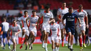 Soccer Football - Premier League - Nottingham Forest v Everton - The City Ground, Nottingham, Britain - April 12, 2025 Nottingham Forest's Morgan Gibbs-White, Nottingham Forest's Nikola Milenkovic and Nottingham Forest's Chris Wood during the warm up before the match REUTERS/Jaimi Joy EDITORIAL USE ONLY. NO USE WITH UNAUTHORIZED AUDIO, VIDEO, DATA, FIXTURE LISTS, CLUB/LEAGUE LOGOS OR 'LIVE' SERVICES. ONLINE IN-MATCH USE LIMITED TO 120 IMAGES, NO VIDEO EMULATION. NO USE IN BETTING, GAMES OR SINGLE CLUB/LEAGUE/PLAYER PUBLICATIONS. PLEASE CONTACT YOUR ACCOUNT REPRESENTATIVE FOR FURTHER DETAILS..