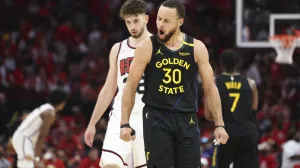 May 4, 2025; Houston, Texas, USA; Golden State Warriors guard Stephen Curry (30) reacts after a play during game seven of the first round for the 2025 NBA Playoffs against the Houston Rockets at Toyota Center. Mandatory Credit: Troy Taormina-Imagn Images