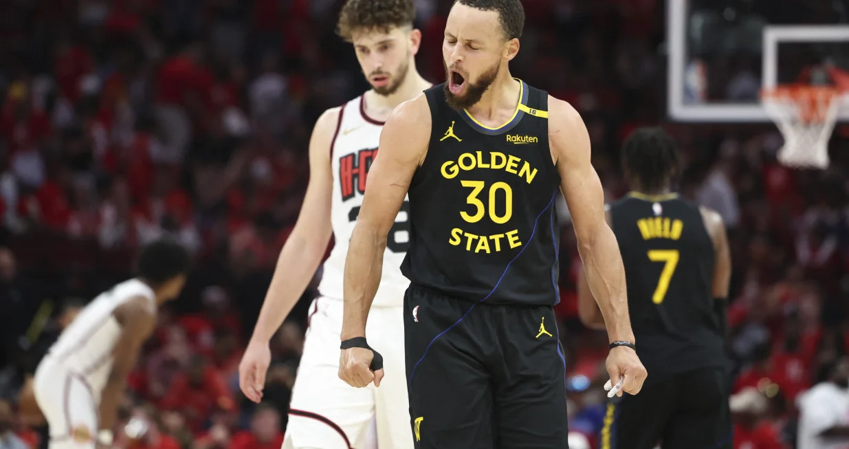 May 4, 2025; Houston, Texas, USA; Golden State Warriors guard Stephen Curry (30) reacts after a play during game seven of the first round for the 2025 NBA Playoffs against the Houston Rockets at Toyota Center. Mandatory Credit: Troy Taormina-Imagn Images