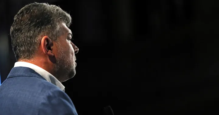 epa08702585 Marcel Ciolacu, president of Romania's main opposition party, the Social Democracy Party (PSD) speaks on exit polls results from a stage set for Bucharest mayor candidate Gabriela Firea of PSD (Social Democracy Party) at her campaign headquarters in Bucharest, Romania, 27 September 2020. PSD candidate Gabriela Firea, who choose to address her voters online from her residence, took 39 percent as her opponent of the center right political alliance, is credited with 47.2 percent according to first projections. EPA/ROBERT GHEMENT/Robert Ghement