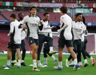Soccer Football - Champions League - Real Madrid Training - Emirates Stadium, London, Britain - April 7, 2025 Real Madrid's Rodrygo, Real Madrid's Jesus Vallejo, Real Madrid's Antonio Rudiger and Real Madrid's Jude Bellingham during training Action Images via Reuters/Matthew Childs