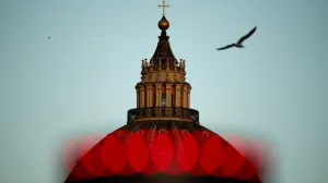 A bird flies past the dome of St. Peter's Basilica on the first day of the conclave to elect the next pope, near the Vatican, in Rome, Italy, May 7, 2025. REUTERS/Guglielmo Mangiapane  TPX IMAGES OF THE DAY/Guglielmo Mangiapane
