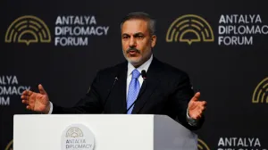 Turkish Foreign Minister Hakan Fidan speaks during a press conference at Antalya Diplomacy Forum in Antalya, Turkey, April 13, 2025. REUTERS/Kaan Soyturk/Kaan Soyturk