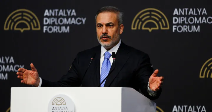 Turkish Foreign Minister Hakan Fidan speaks during a press conference at Antalya Diplomacy Forum in Antalya, Turkey, April 13, 2025. REUTERS/Kaan Soyturk/Kaan Soyturk