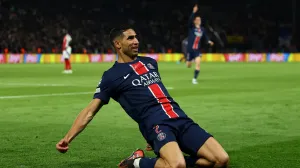 Soccer Football - Champions League - Semi Final - Second Leg - Paris St Germain v Arsenal - Parc des Princes, Paris, France - May 7, 2025 Paris St Germain's Achraf Hakimi celebrates scoring their second goal REUTERS/Gonzalo Fuentes  TPX IMAGES OF THE DAY
