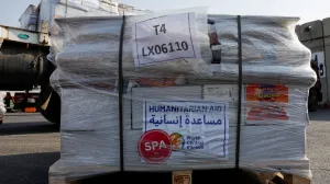 FILE PHOTO: A view shows humanitarian aid with the logo of World Central Kitchen (WCK) at the Kerem Shalom border crossing to Gaza, Israel, May 1, 2024. REUTERS/Evelyn Hockstein/Pool/File Photo/Evelyn Hockstein