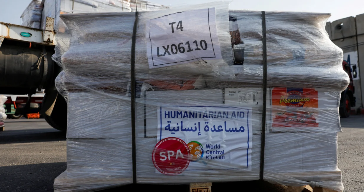 FILE PHOTO: A view shows humanitarian aid with the logo of World Central Kitchen (WCK) at the Kerem Shalom border crossing to Gaza, Israel, May 1, 2024. REUTERS/Evelyn Hockstein/Pool/File Photo/Evelyn Hockstein