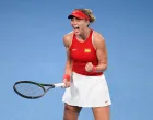 epa10385059 Paula Badosa of Spain celebrates the win in her match against Harriet Dart of Britain during the 2023 United Cup tennis match between Spain and Britain at Ken Rosewall Arena in Sydney, Australia, 01 January 2023. EPA/STEVEN MARKHAM AUSTRALIA AND NEW ZEALAND OUT