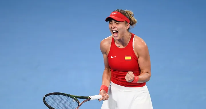 epa10385059 Paula Badosa of Spain celebrates the win in her match against Harriet Dart of Britain during the 2023 United Cup tennis match between Spain and Britain at Ken Rosewall Arena in Sydney, Australia, 01 January 2023. EPA/STEVEN MARKHAM AUSTRALIA AND NEW ZEALAND OUT