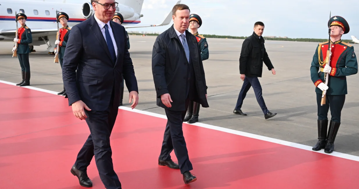 Moskva, Rusija - 8. maj 2025:Predsjednik Srbije Aleksandar Vučić doputovao je u srijedu u Moskvu gdje će prisustvovati paradi povodom Dana pobjede i održati bilateralne sastanke (Ilya Pitalev - Anadolu Agency)/