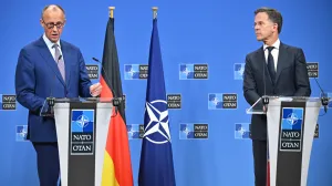 Brisel, Belgija - 9. maj 2025:Novi njemački kancelar Friedrich Merz i generalni sekretar NATO-a Mark Rutte održavali su zajedničku konferenciju za novinare u sjedištu NATO-a u Briselu, Belgija, u petak 9. maja 2025. (Dursun Aydemir - Anadolu Agency)/