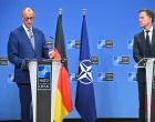 Brisel, Belgija - 9. maj 2025:Novi njemački kancelar Friedrich Merz i generalni sekretar NATO-a Mark Rutte održavali su zajedničku konferenciju za novinare u sjedištu NATO-a u Briselu, Belgija, u petak 9. maja 2025. (Dursun Aydemir - Anadolu Agency)/