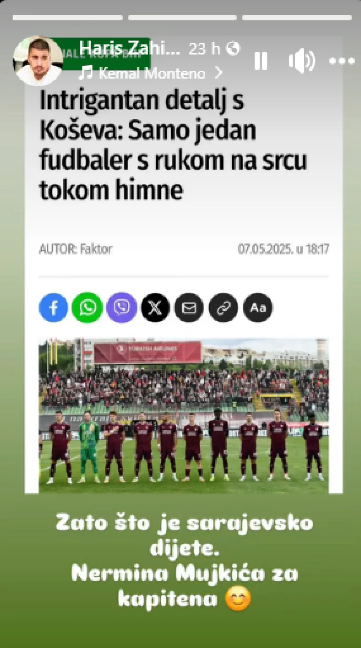 Objava Harisa Zahiragića (FOTO: Screenshot/Arena Sport)