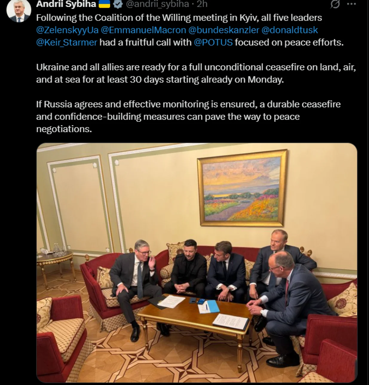 Keir Starmer, Emmanuel Macron, Friedrich Merz, Donald Tusk i Volodimir Zelenski telefonski razgovaraju s Donaldom Trumpom//