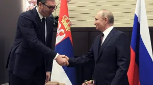 epa09602395 Russian President Vladimir Putin (R) and his Serbian counterpart Aleksandar Vucic (L) shake hands during a meeting in the Black Sea resort of Sochi, Russia, 25 November 2021. Vucic is on a working visit to Russia. EPA/MIKHAIL KLIMENTYEV/KREMLIN POOL/SPUTNIK MANDATORY CREDIT/Mikhail Klimentyev/Kremlin Pool/Sputnik