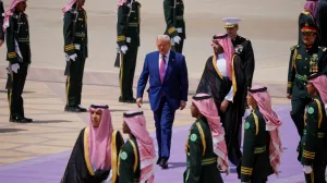 U.S. President Donald Trump is welcomed by Saudi Crown Prince Mohammed Bin Salman in Riyadh, Saudi Arabia, May 13, 2025. REUTERS/Brian Snyder/Brian Snyder