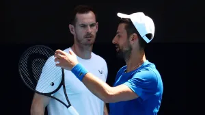 FILE PHOTO: Tennis - Australian Open - Practice - Melbourne Park, Melbourne, Australia - January 9, 2025 Serbia's Novak Djokovic with coach Andy Murray during a practice session ahead of the Australian Open REUTERS/Edgar Su/File Photo